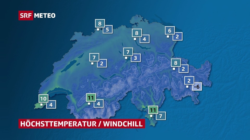Eine Schweizkarte zeigt für verschiedene Ortschaften die Höchsttemperatur für Donnerstag sowie die gefühlte Temperatur.