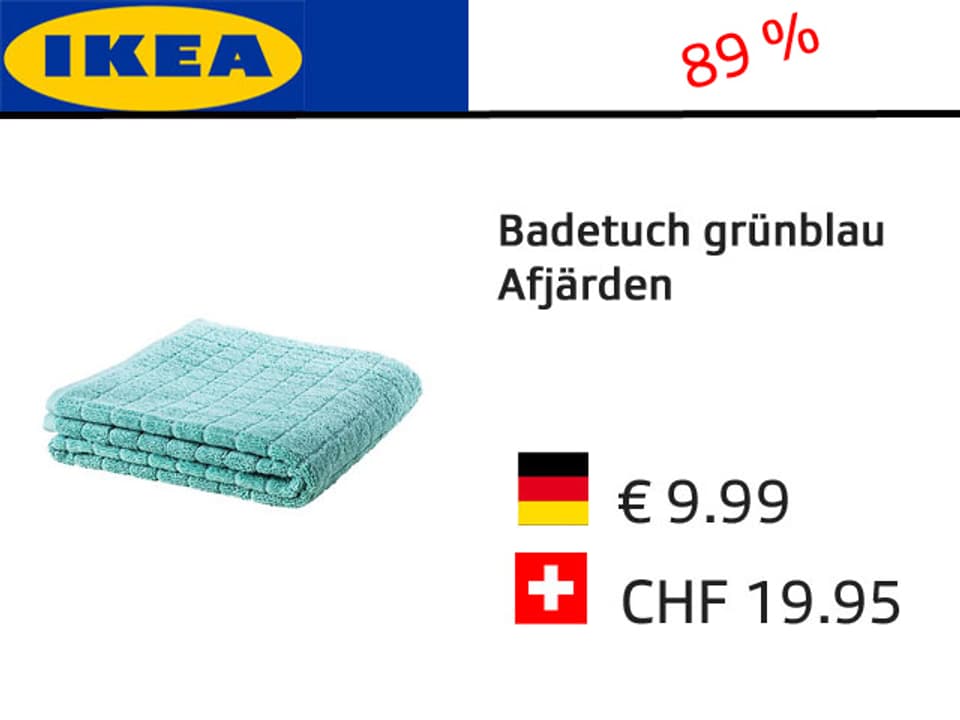 Ikea-Grafik mit Preisvergleich Deutschland-Schweiz: Badetuch Afjärden. + 89%.