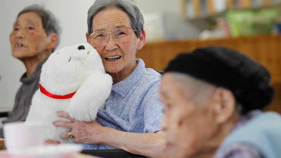 Eine japanische alte Frau hält ein Robbenstofftier in den Armen und lächelt.