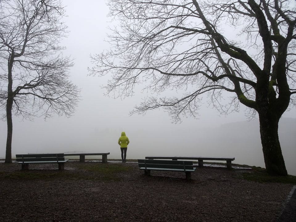 Ein Person steht vor grauem Nebel.