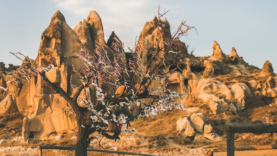 Ein mit Wünschen behangener Baum vor karger ockerfarbener Felslandschaft