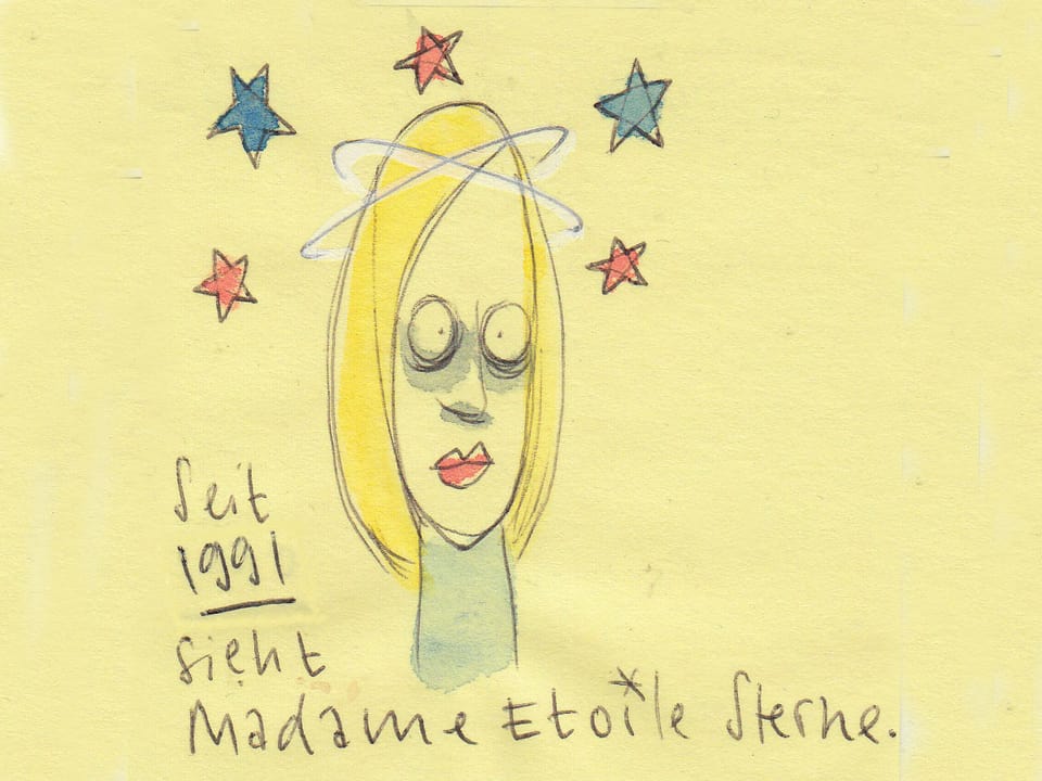 Eine gezeichnete Madame Etoile blickt ins Leere. Sterne umschwirren ihren Kopf. Sie sieht aus wie eine angezählte Boxerin.