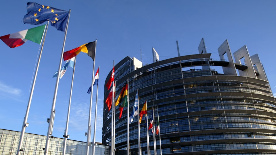 Flaggen der Mitgliedsstaaten vor dem EU-Parlamentsgebäude