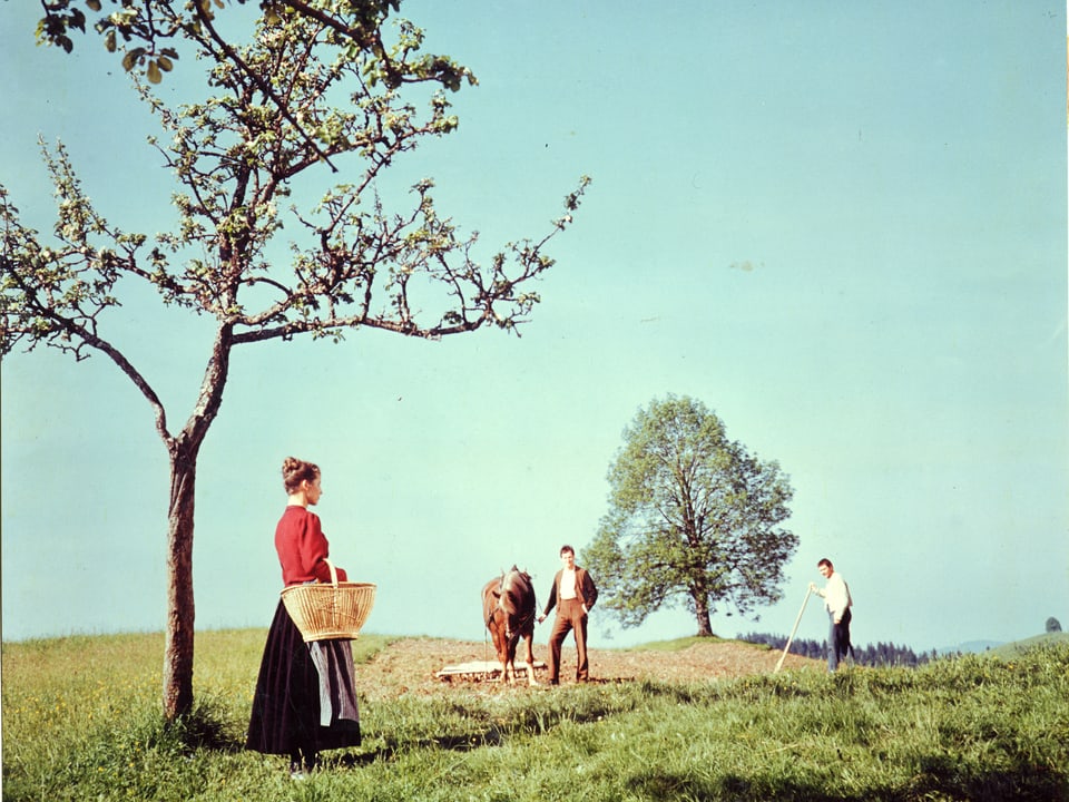 Bild eines Ackers. Unter einem kleinen Baum im Vordergrund steht eine Frau mit einem Korb. Auf dem Acker neben dem Ackergaul mit Pflug steht ein Mann. Ein zweiter Mann mit Hacke steht etwas weiter weg. Beide blicken zur Frau.