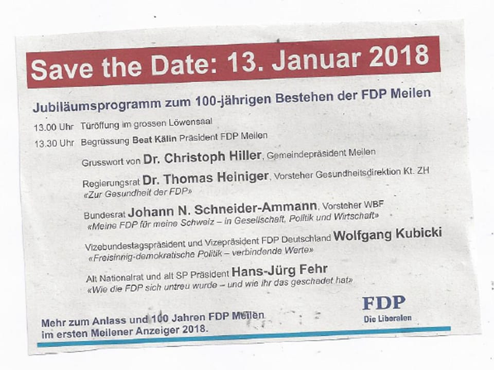 Inserat der Einladung - mit allen Gästen inklusive Bundesrat Johann Schneider-Ammann