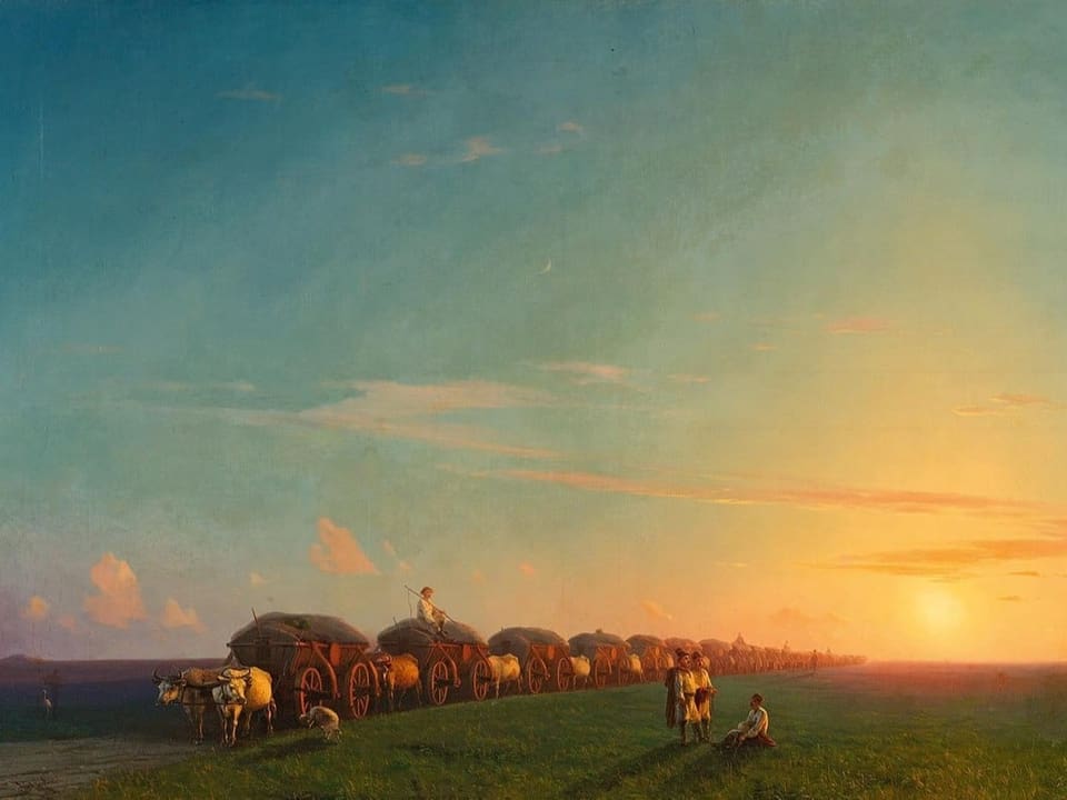 Landschaftsgemälde: Sonnenuntergang mit Steppe, eine Karawane von von Ochsen gezogenen Wagen