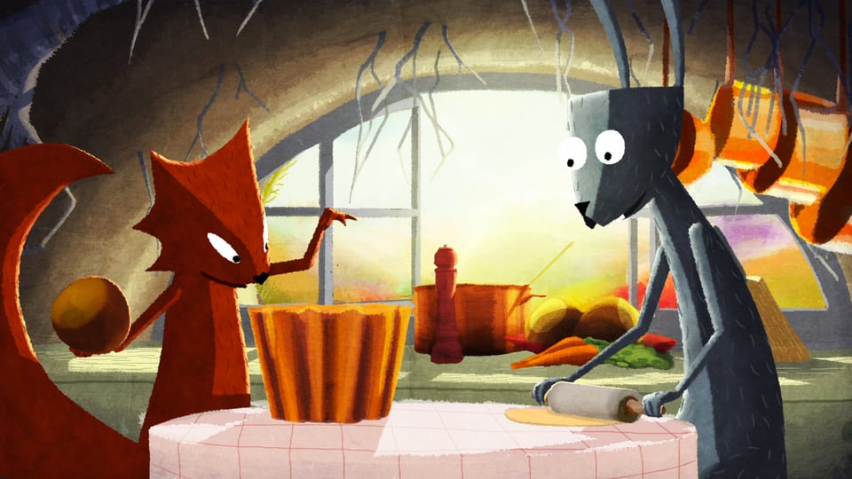 Zeichnung: Ein Eichhörnchen und ein HAse stehen in einer Küche und backen.