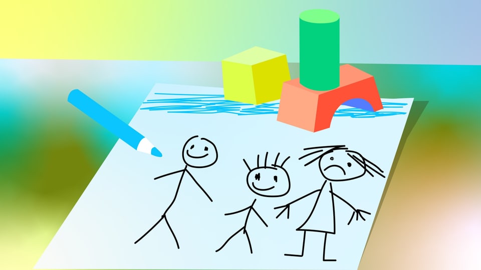 Abstrahierte Illustration einer Kinderzeichnung, die eine unzufriedene Mama neben zufriedenem Papa und Kind zeigt.
