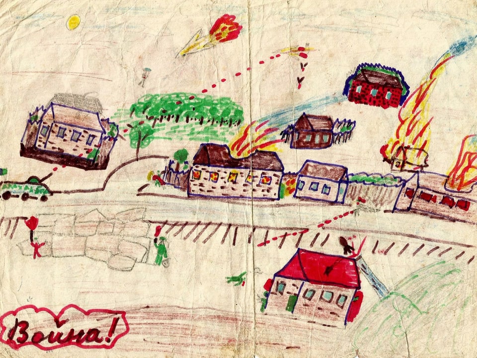 Kinderzeichnung: Ein Dorf mit einem schiessenden Panzer und brennenden Häusern.