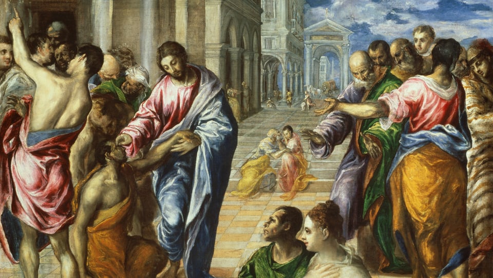 Christus steht neben einem blinden Mann und berührt dessen Augen.