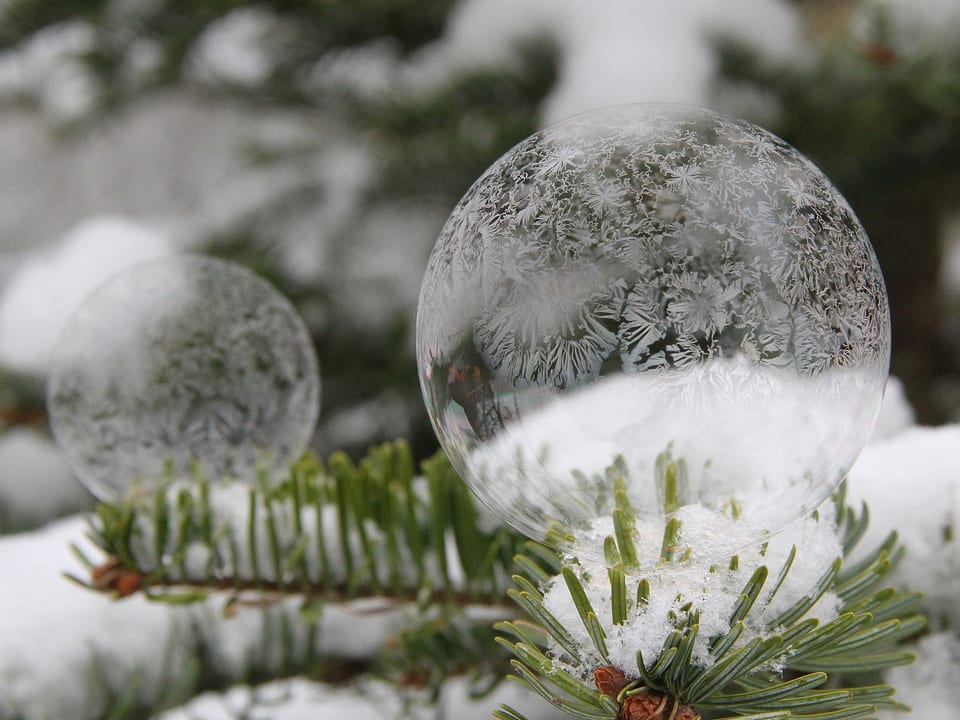 Auf zwei schneebedeckten Tannenästen befinden sich zwei gefrorene Seifenblasen. Beim Gefrieren sind auf der Oberfläche wunderschöne Eisblumen gewachsen.