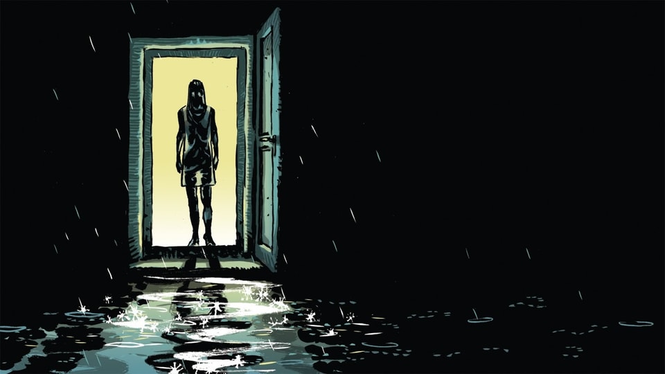 Illustration einer Person, die in einem Türrahmen steht. Sie ist hell ausgeleuchtet, um sie herum nur Dunkelheit.