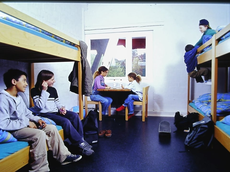 Ein Zimmer einer Jugendherberge mit Kindern.