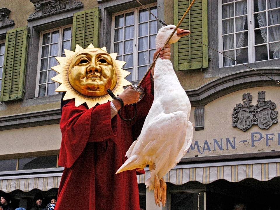 Die Gansabhauet in Sursee: mit einem Schlag muss man der toten Gans den Kopf abhauen.