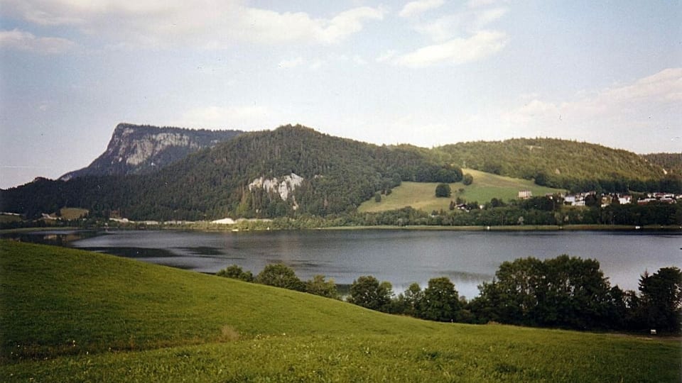 Ein See in grüner hügeliger Landschaft.