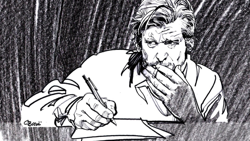 Zeichnung eines Mannes am Schreibtisch mit Papier, Stift und Zigarette.