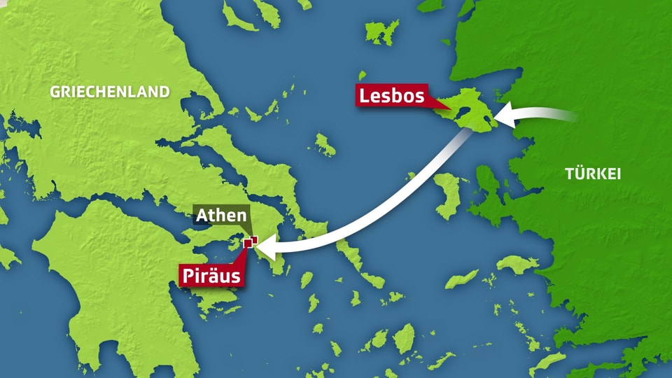 Karte der Reiseroute über Lesbos und Piräus