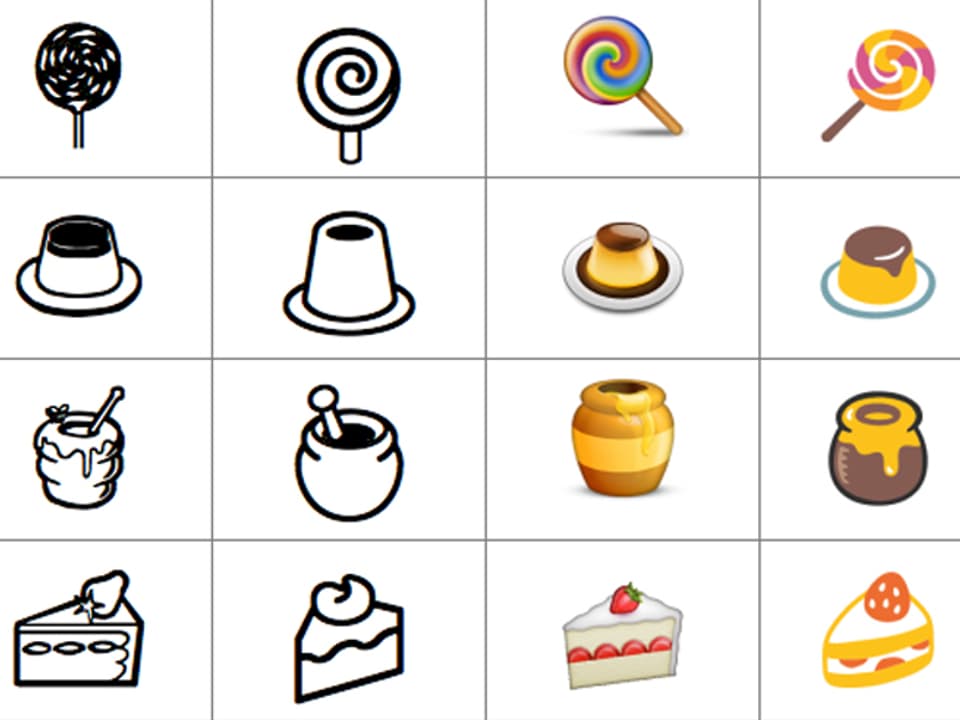Verschiedene Emojis links im Urzustand, rechts, wie sie auf dem Mobile aussehen