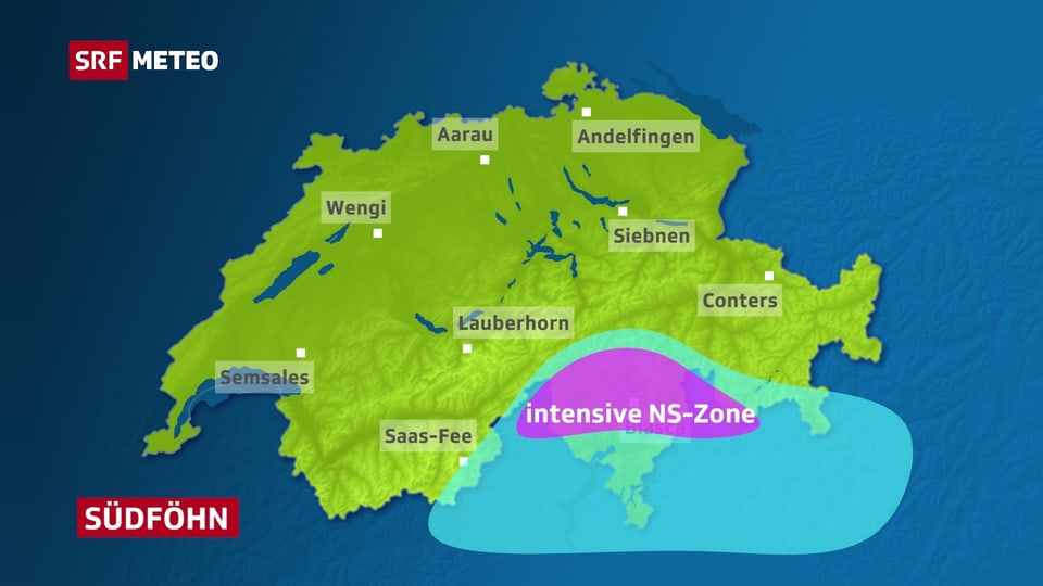 Schweizer Karte für Südföhn. Die stärksten Niederschläge gibt es beim Südföhn im Nordtessin, Misox und im Bergell. 