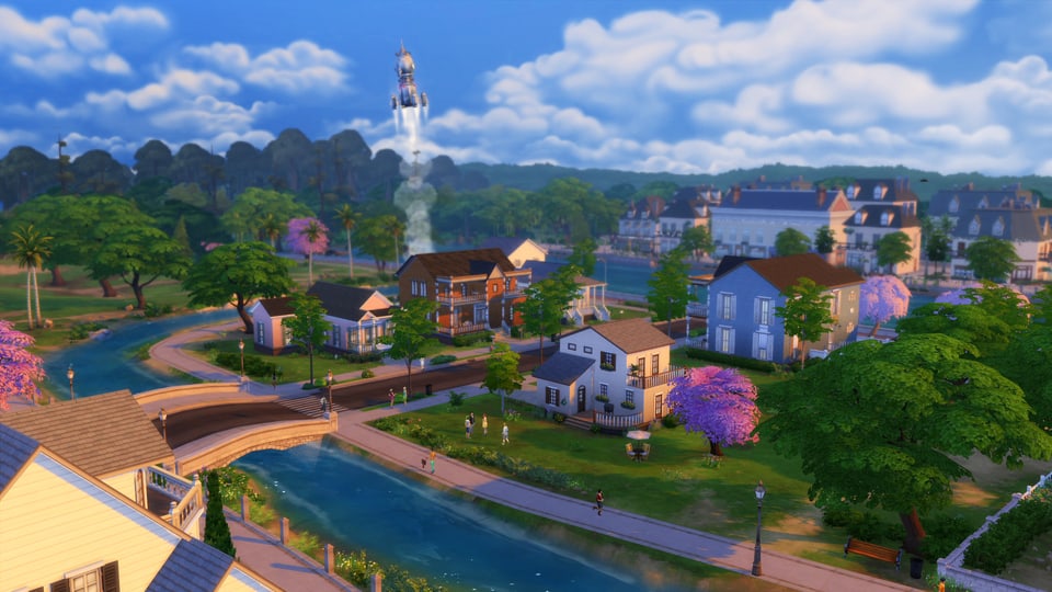 Eine Sims-Nachbarschaft, aus der soeben eine Rakete startet.