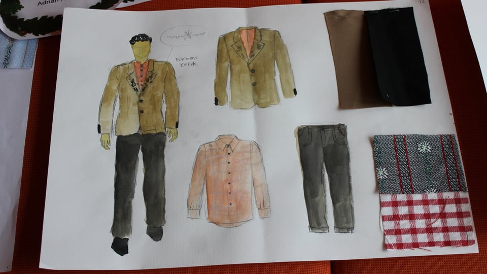 Entwurf des rotweissen Hemds und der hellen Jacke und schwarzen Hosen.