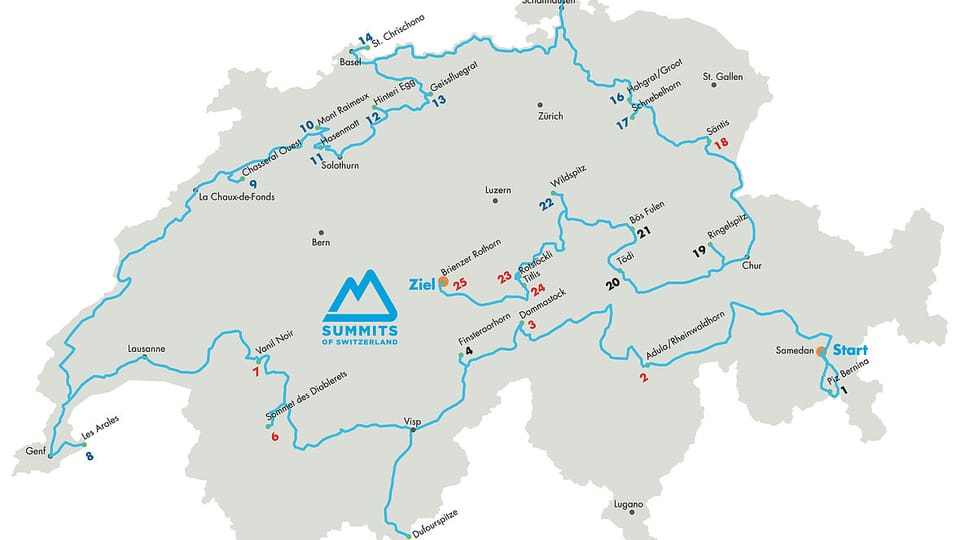 Eine Karte der Schweiz mit der Route von Sandro Mirasolo.