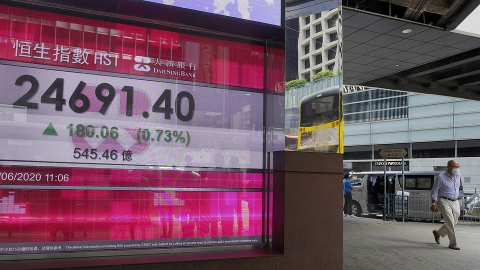 Bildschirm mit Aktienkursen in Hongkong
