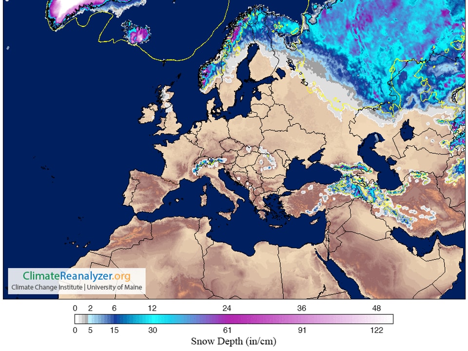 Auf einer Europakarte sind die Nullgradgrenze und die Verteilung von Schnee dargestellt. Von Grönland über Island, Norwegen bis nach Sibirien kann weisse Weihnachten gefeiert werden.