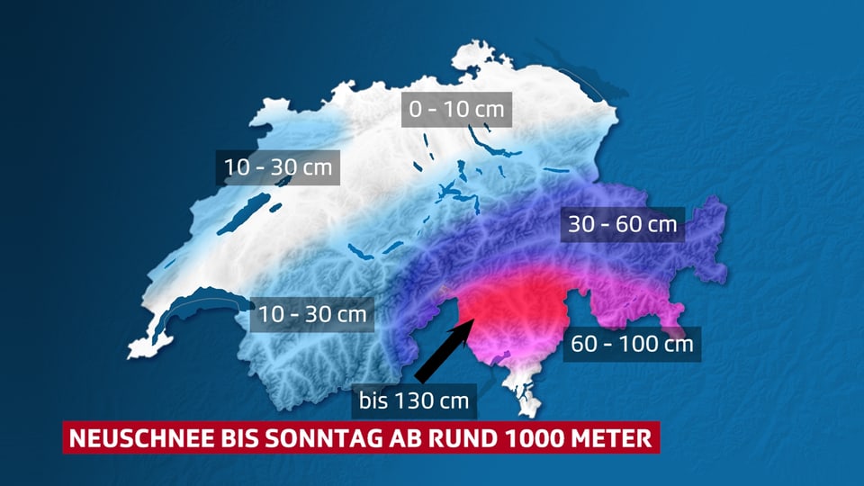 Auf der Karte ist ersichtlich, dass besonders im Nordtessin viel Neuschnee fällt.
