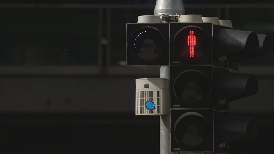 Fussgänger-Ampel steht auf Rot. Links daneben ein Kreis mit LED's. 