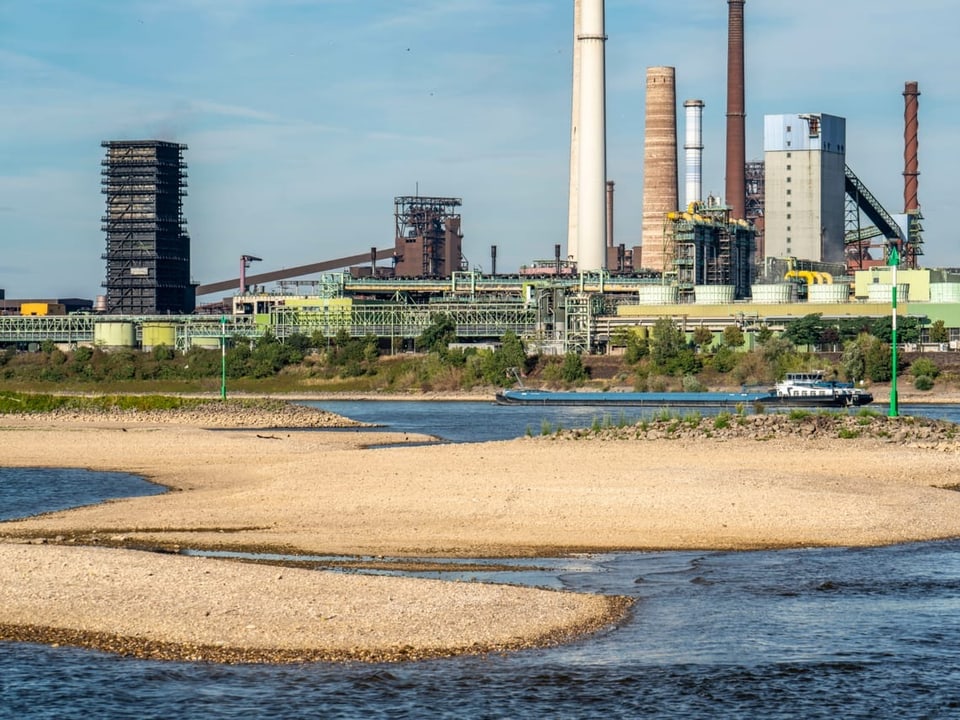 Blick auf den Rhein. Grosser Teil des Ufers ist trocken. Im Hintergrund steht eine Industrieanlage.