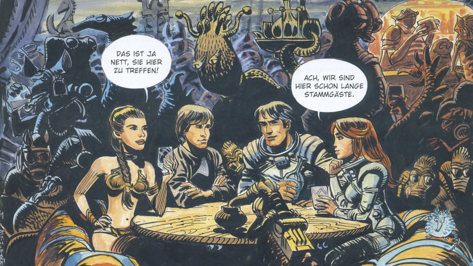Prinzessin Leia und Luke Skywalker begegnen in einer Zeichnung Valerian und Veronique.