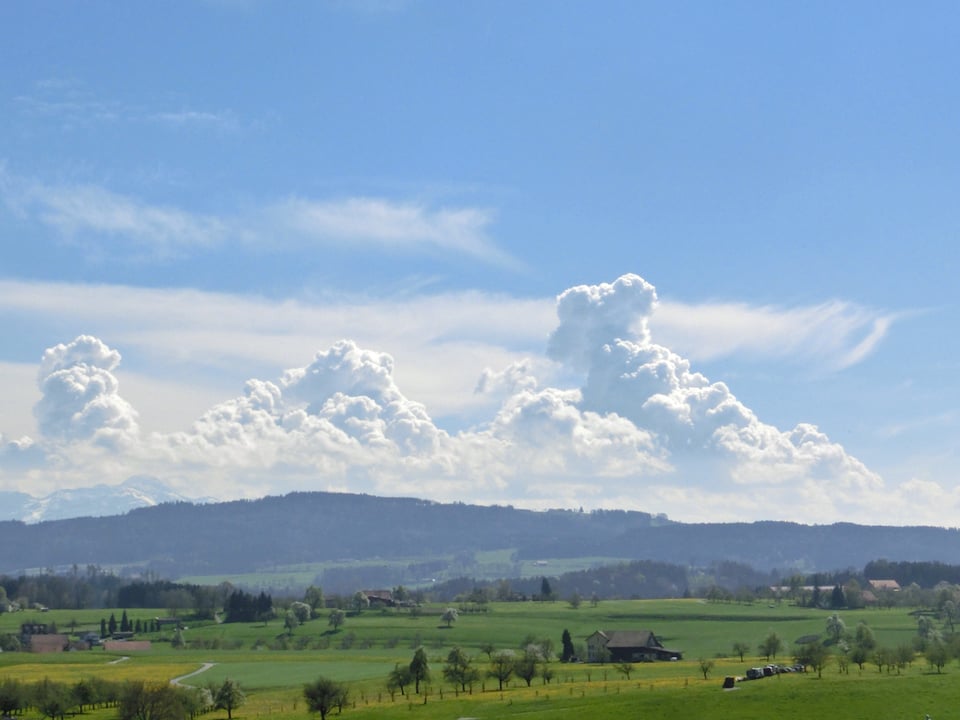 Grüne Wiesen, Wäler. Im Hintergrund grosse Blumenkohlwolken am blauen Himmel. 