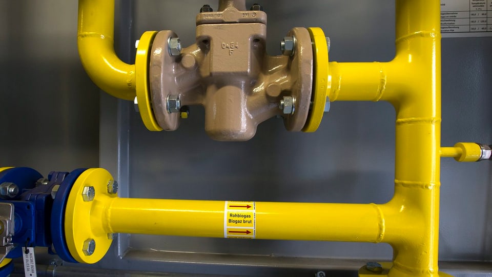 Bild gelber Leitungen in einer Biogas-Anlage.