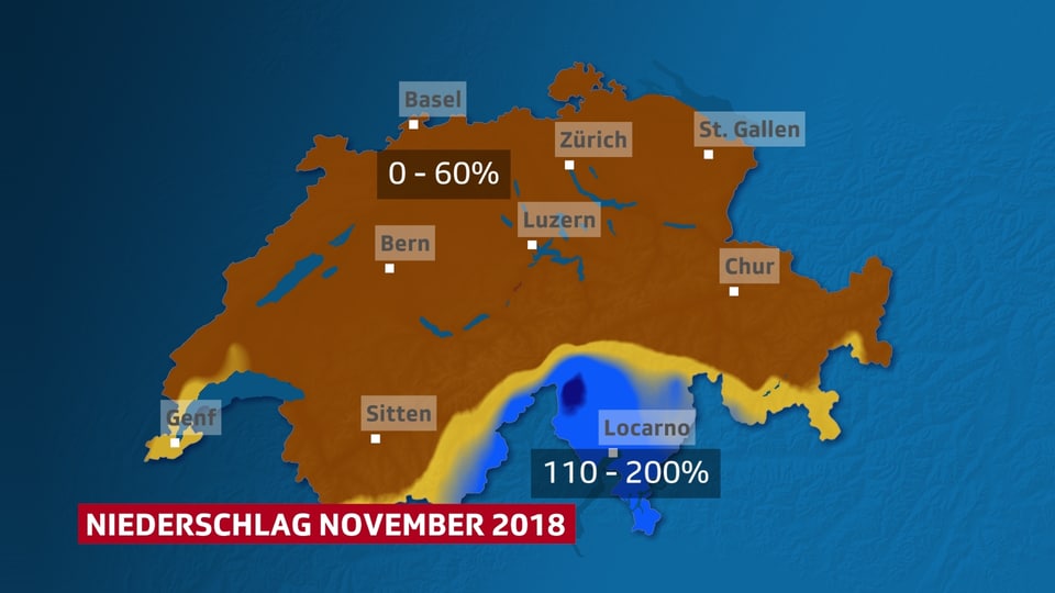 Grafik, die die Niederschlagsverteilung in der Schweiz im November zeigt.