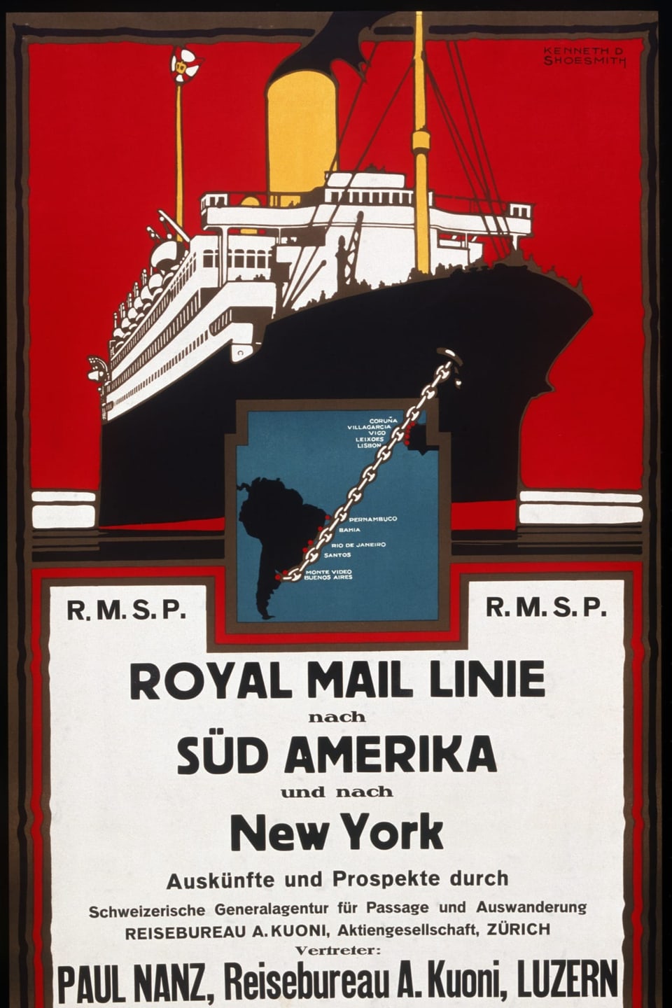 Plakat mit dem Bild eines Schiffes und der Aufschrift «Royal Mail Line nach Südamerika und New York»