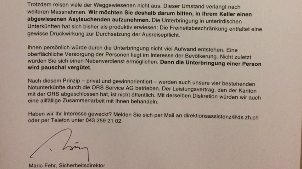 Ein Schreiben mit der - gefälschten - Unterschrift von Sicherheitsdirektor Mario Fehr.