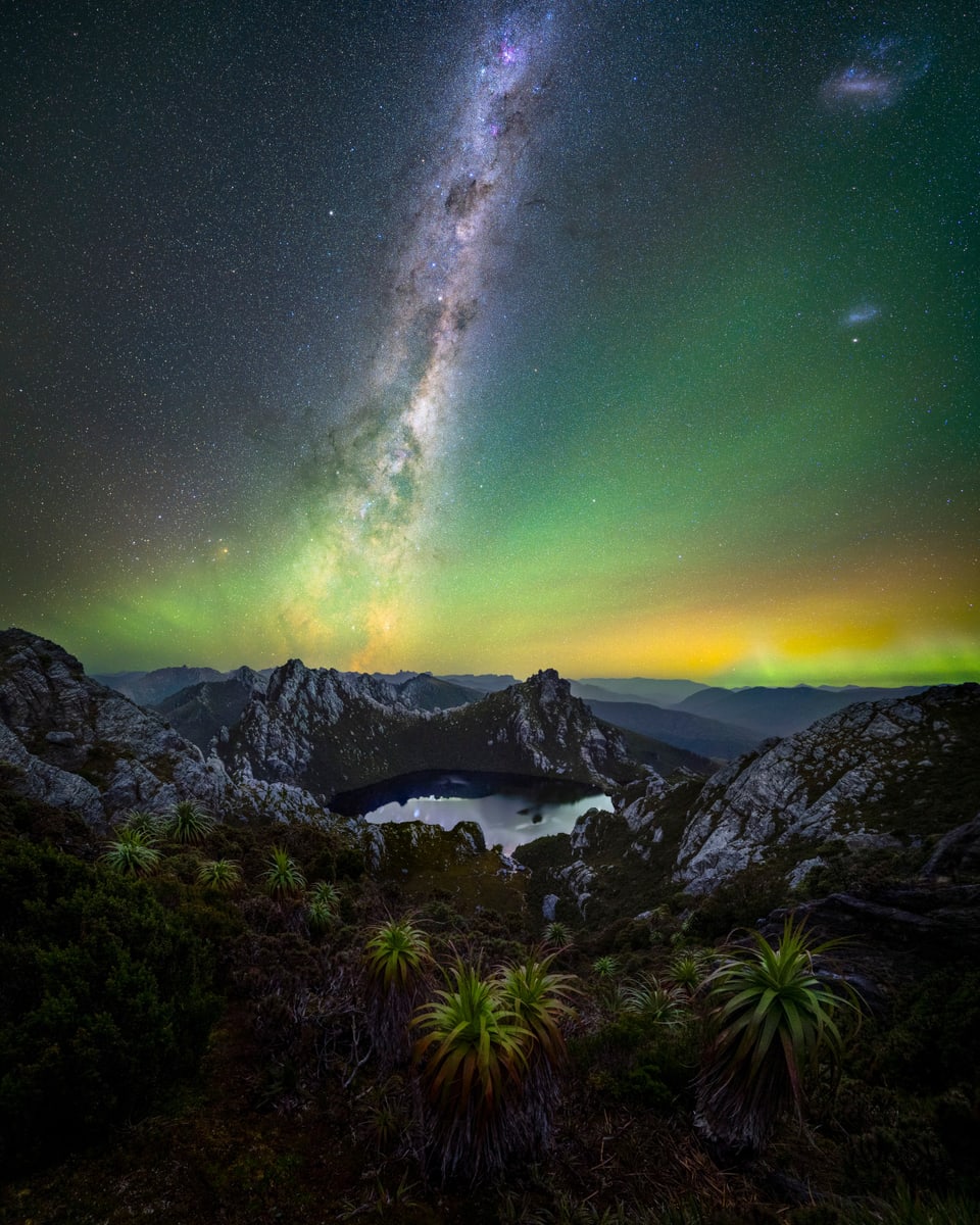 Grün und gelb erleuchteter Nachthimmel, darunter Berge, ein Bergsee und Pandani, palmenförmige Pflanzen aus Tasmanien.