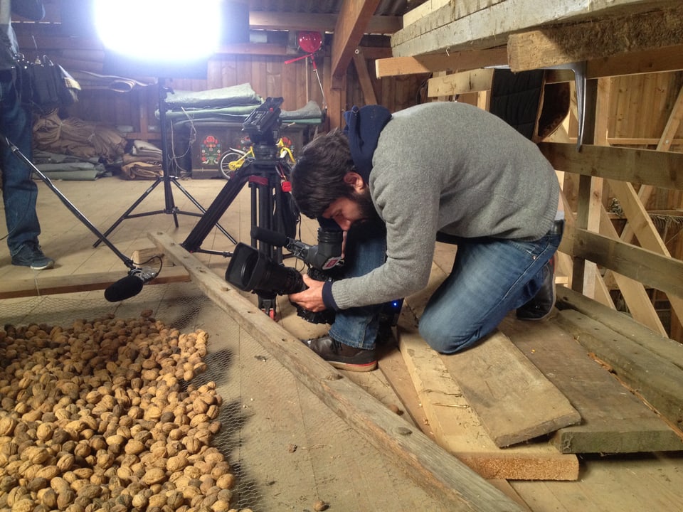 Kameramann Ueli Haberstich filmt die auf dem Boden trocknenden Baumnüsse.