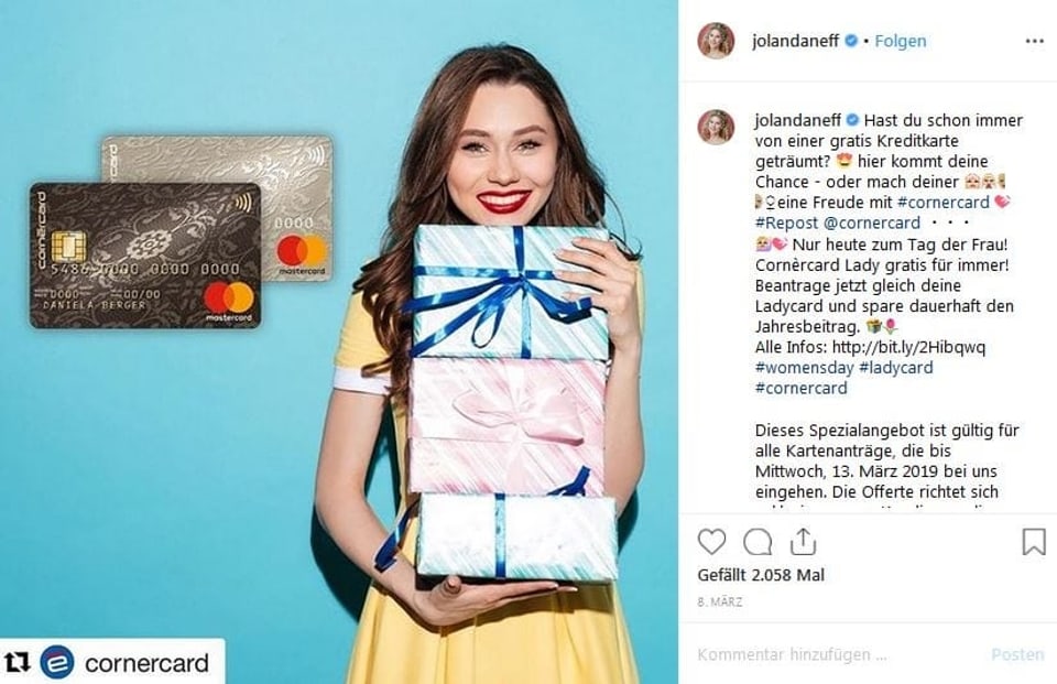 Ein Instagrampost, auf dem eine Kreditkarte beworben wird