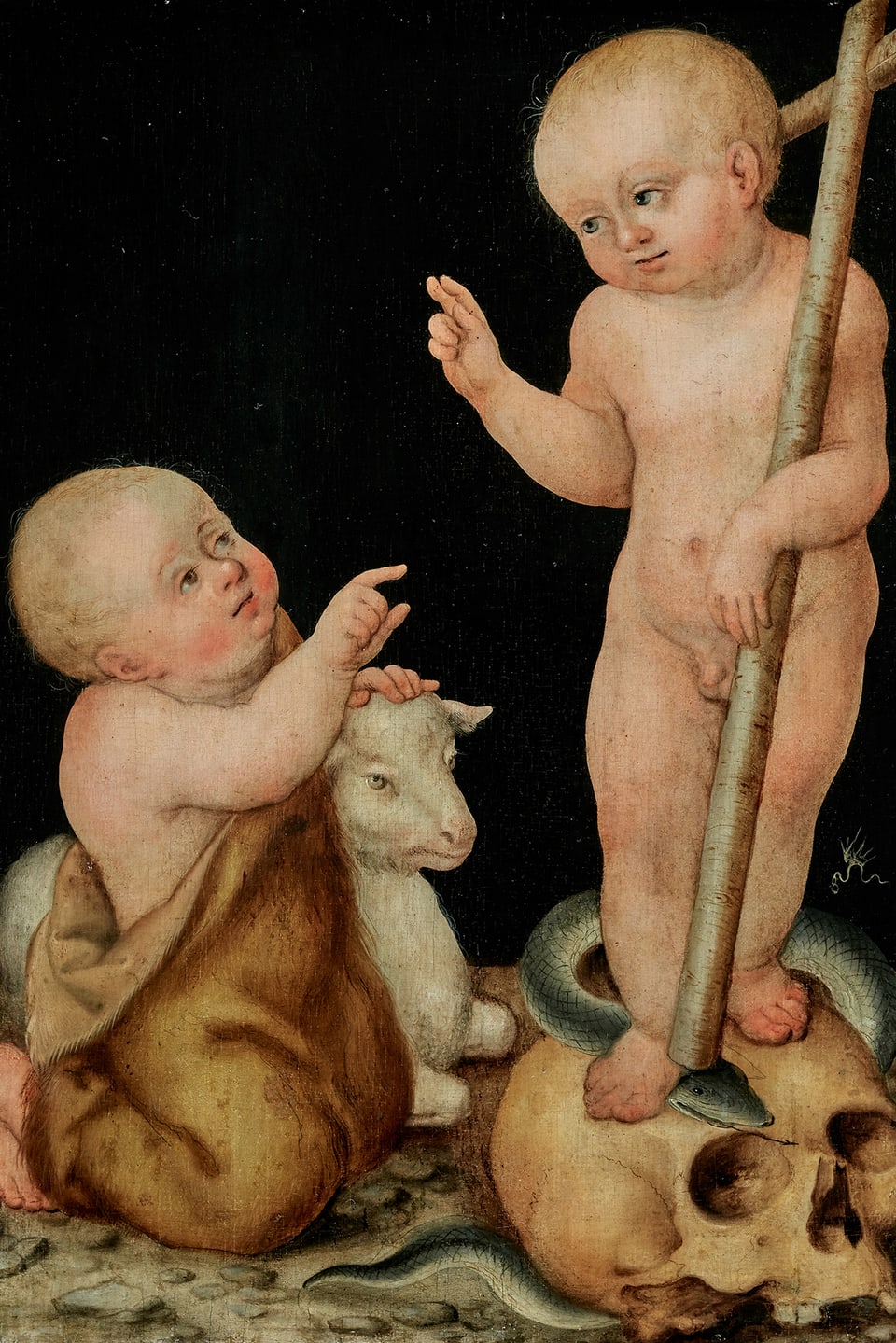 Johannes als Baby mit einem Schaf, das Jesuskund mit einem Kreuz steht auf einem Totenkopf. 