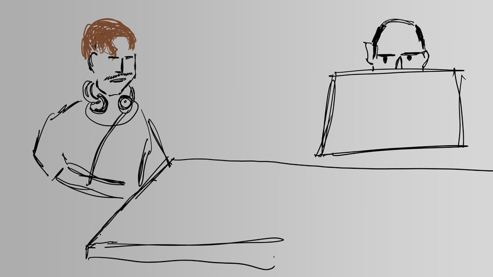 Eine Skizze eines Mannes mit Kopfhörern und eines Mannes hinter einem Monitor.