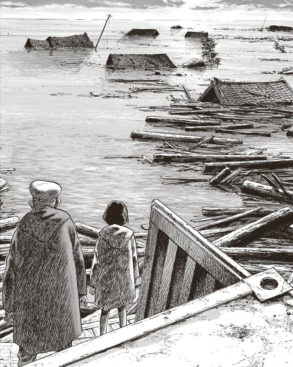 schwarzweiss Zeichnung von Wasser, darin nur noch Häuserdächer und schwimmenes Holz, davor ein Mädchen und Mann