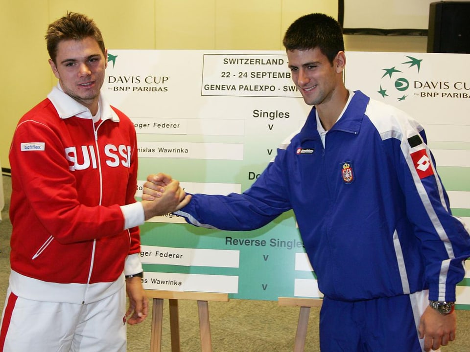 Handshake von Wawrinka und Djokovic vor dem Davis Cup 2006.