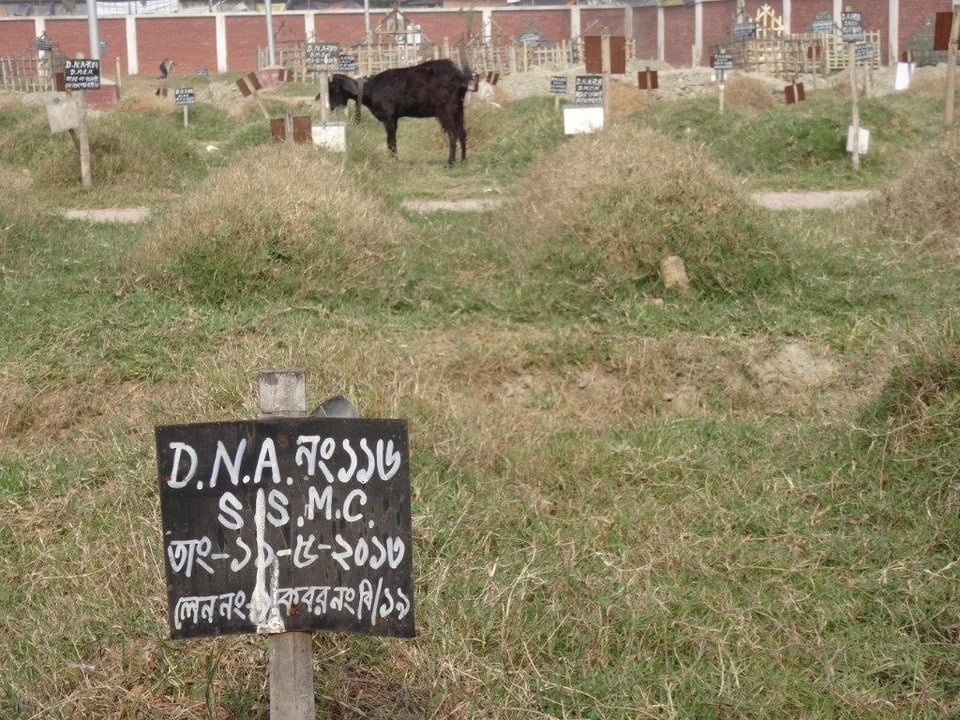 Eine Tafel mit einer DNA-Nummer beim Grab eines Opfers.