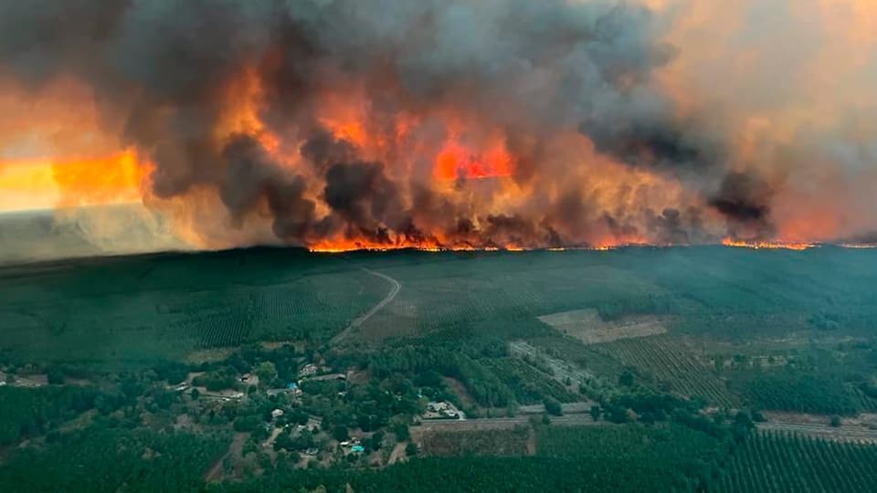 Brennende Pinienwälder in der Region südlich von Bordeaux