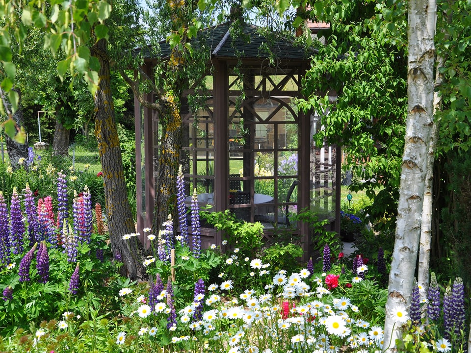 Ein Garten mit kleinem Pavillion.