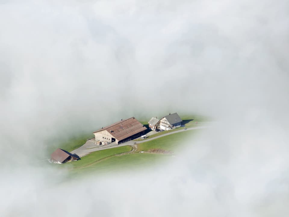 Nebelmeer, nur eine grüne Insel mit einem Bauernhof ragt aus dem Nebel. 