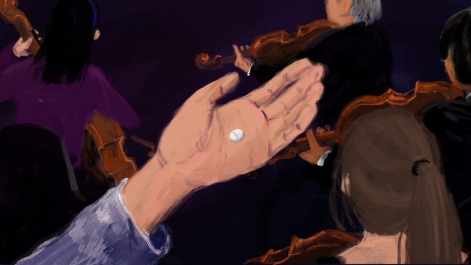 Illustration: Orchester, davor eine Handfläche, in der eine Tablette liegt