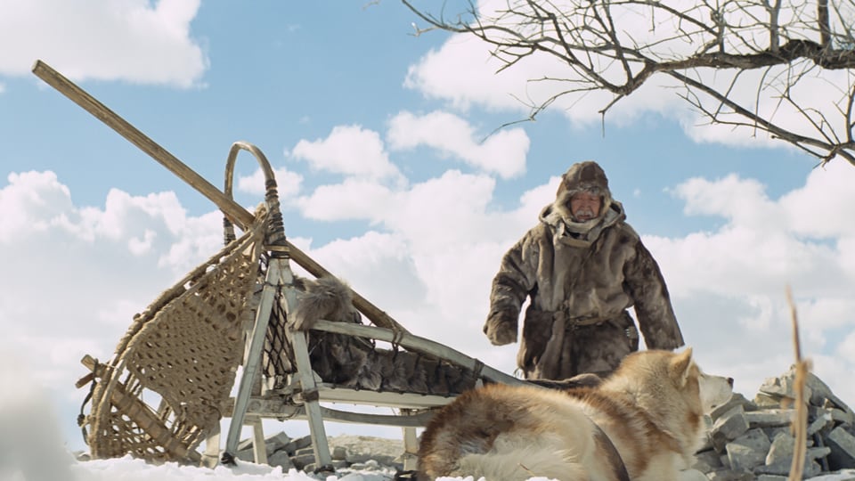 Ein Inuit mit einem Schlitten und ein Hund im Vordergrund.